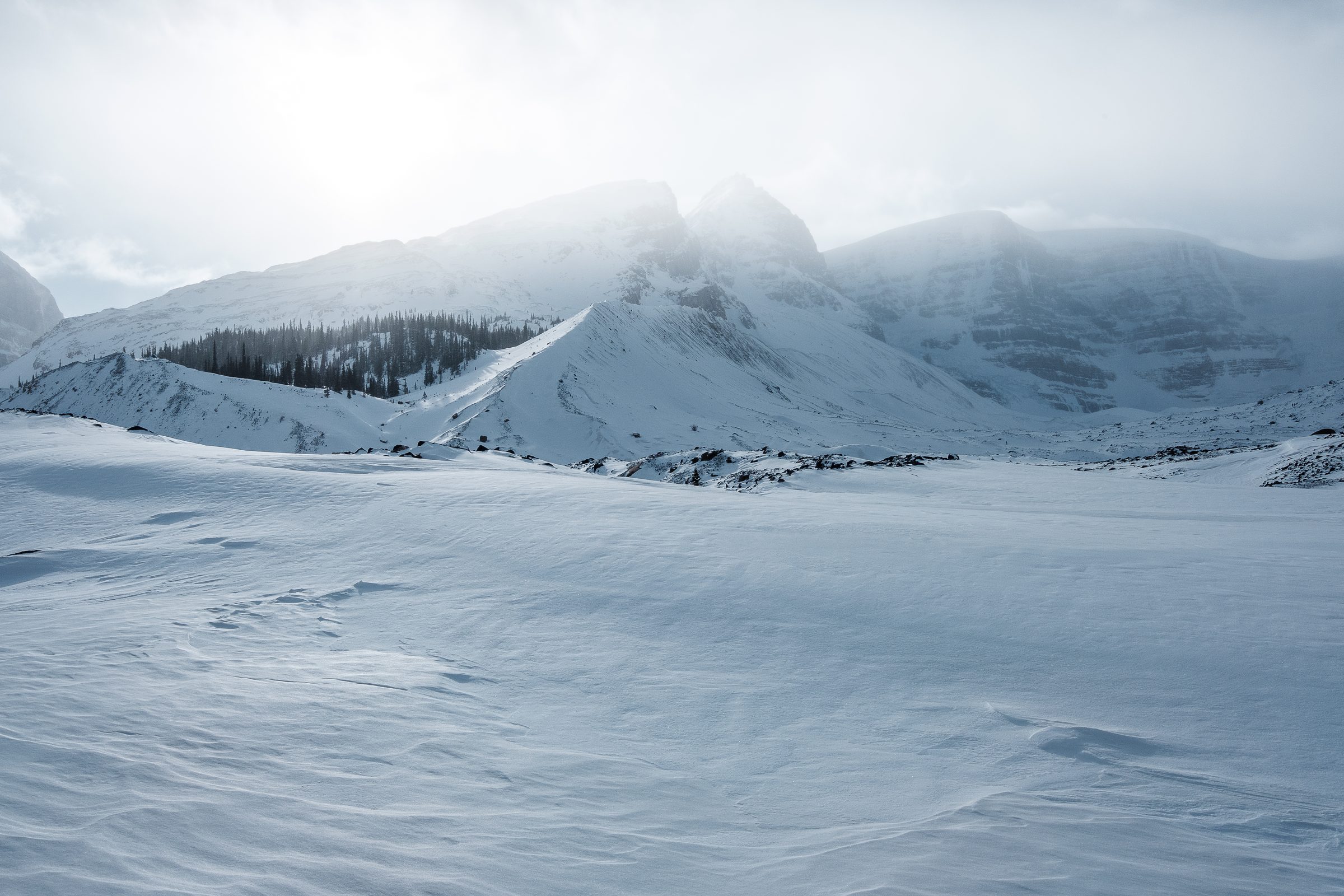 A flat snowfield stretching to a dark line of trees at the foot of hazy mountains.