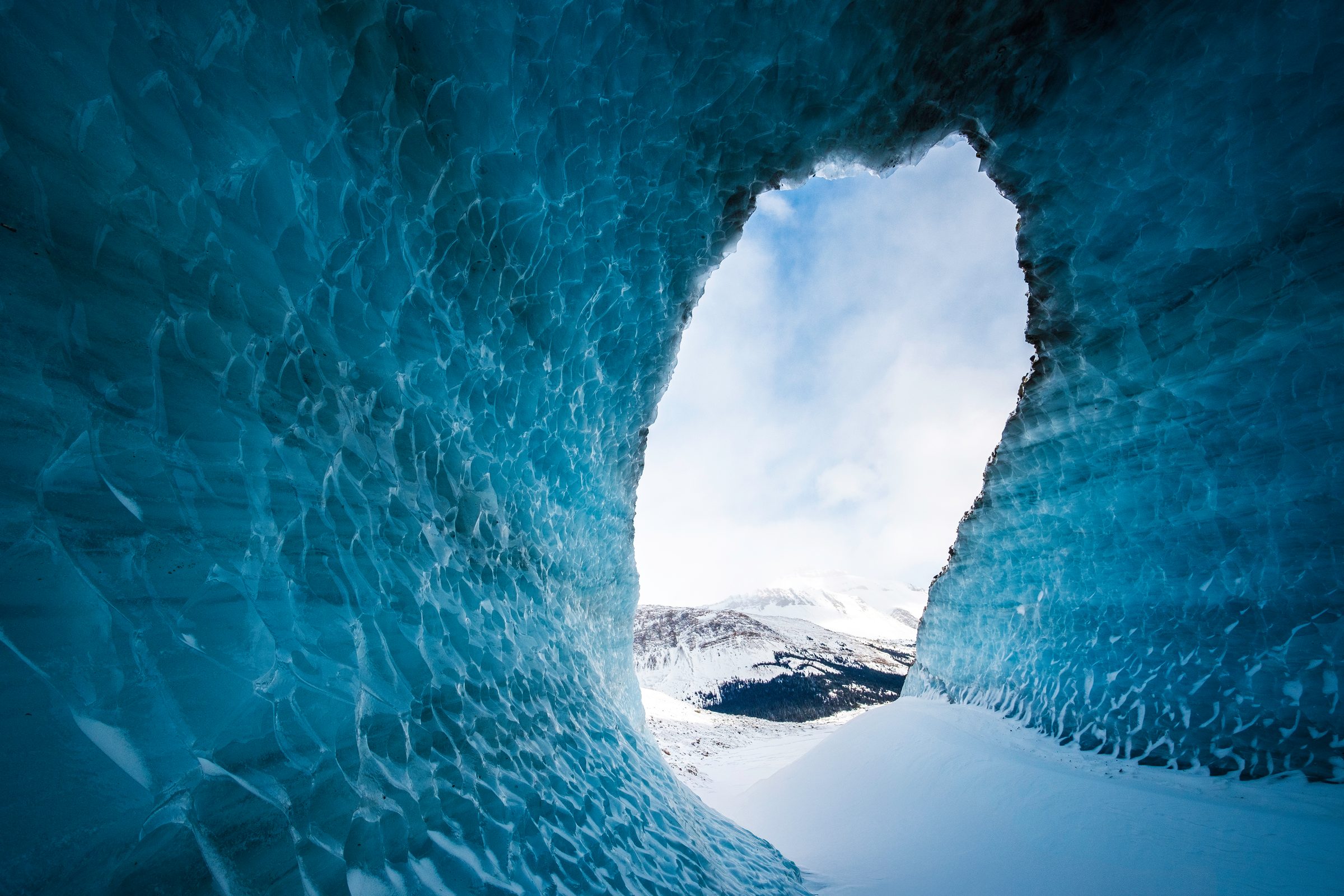 A tall narrow opening in blue ice, with snow outside and a sliver of sky.