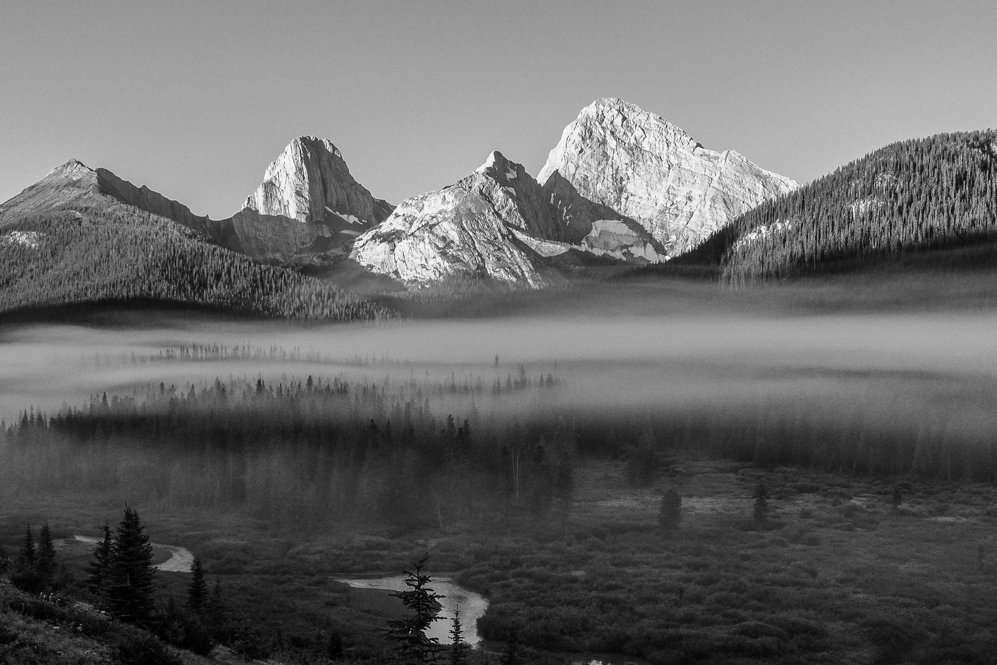 Black and white sunlit peaks above a band of mist lying across a dark forested valley.