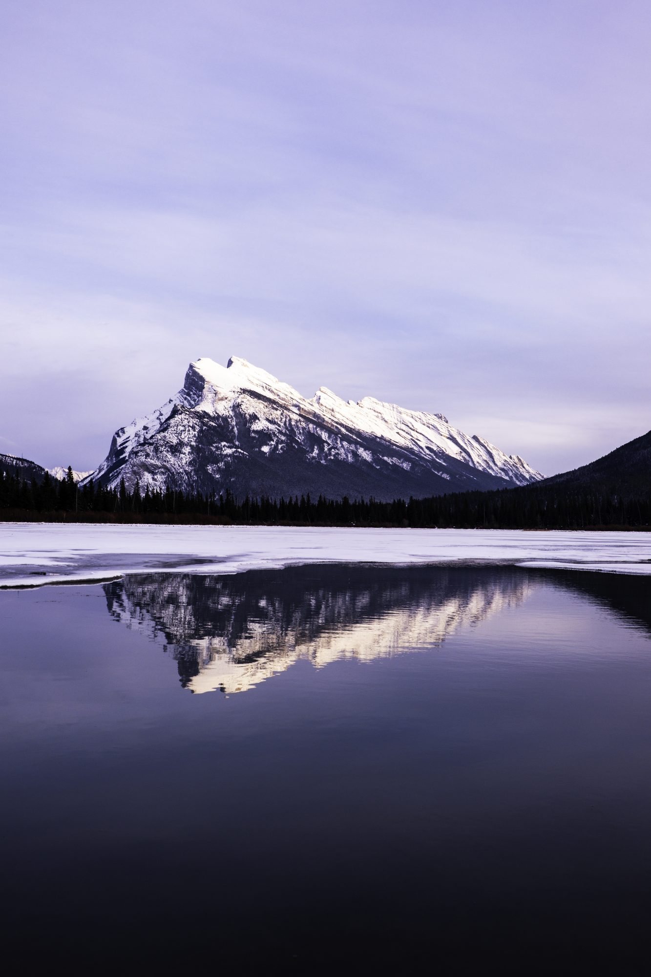 A snowy peak under a soft lavender sky, reflected in open water beside a frozen lake.
