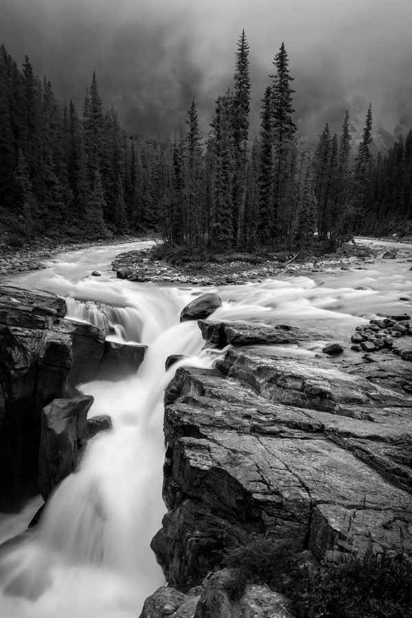 Black and white long exposure waterfall with a tree covered island above the drop.